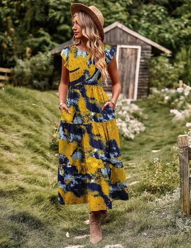 Miniatura 4 de YESNO Vestidos de verano para mujer, con volantes, manga casquillo, vestido casual bohemio con corpiño fruncido con bolsillos, E05
