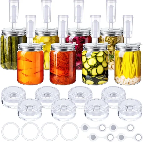Kit de fermentación de 8 juegos para chucrut de boca ancha con 8 esclusas de aire, 8 tapas de fermentación, 8 pesos de vidrio, 8 anillos de silicona