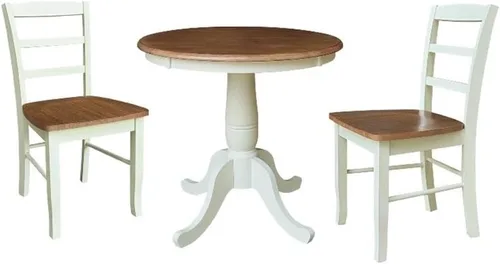 Miniatura 5 de IC INTERNATIONAL CONCEPTS Mesa de comedor redonda con pedestal de 30 pulgadas con 2 sillas Madrid con respaldo de escalera, nogal envejecido/piedra