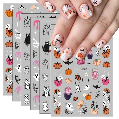 Miniatura 21 de 8 hojas de calcomanías de uñas de Halloween con diseños de fantasmas lindos, calabaza, araña, telaraña, sangre, llama 3D, autoadhesivas, Otoño
