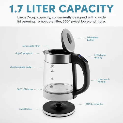 Miniatura 3 de AROMA® Hervidor de agua de vidrio digital profesional de 1.7L/7 tazas (AWK-170D)