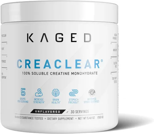 Kaged CreaClear Creatine Monohydrate Powder | Mezcla transparente y se disuelve completamente, sin grano | Creatina micronizada premium para fuerza,
