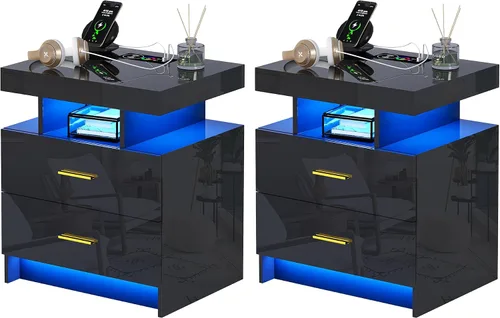 Miniatura 16 de Mesita de noche LED con estación de carga, moderna mesita de noche negra con luz de sensor corporal, mesita de noche con 2 cajones de almacenamiento
