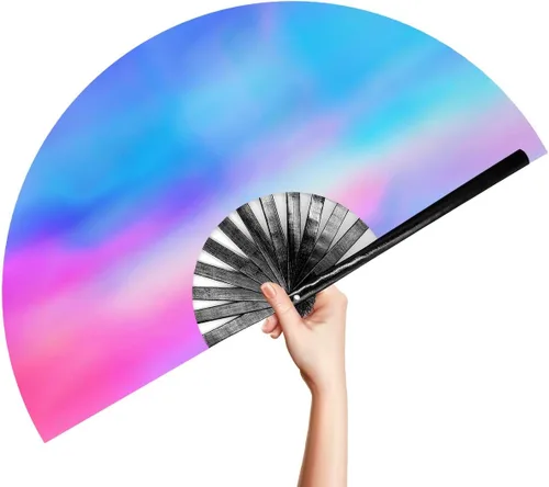 Miniatura 16 de OMyTea Ventilador de mano plegable grande Rave Clack para hombres y mujeres, ventilador de mano de bambú chino japonés - para EDM, festival de Aurora