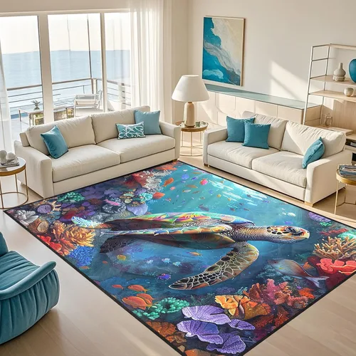 Miniatura 24 de Alfombra de tortuga marina con estampado de animales marinos y animales marinos, alfombra con estampado de tortugas marinas, para niños y niñas