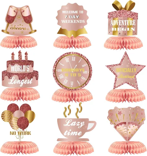 9 piezas de decoración de feliz jubilación, centros de mesa de nido de abeja, suministros de fiesta, oro rosa, rosa, aventura de jubilación, letrero