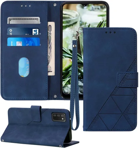 Funda tipo cartera azul para Samsung Galaxy A03s | Ranuras para tarjetero, correa de muñeca, interior de TPU, protector, soporte, piel sintética,