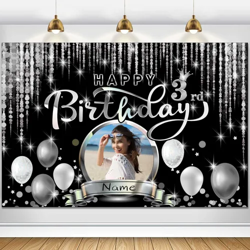 Miniatura 28 de Cartel de decoración de feliz cumpleaños número 100 personalizado - Personalización disponible - Negro y plateado - Tamaño grande - Admite fotos