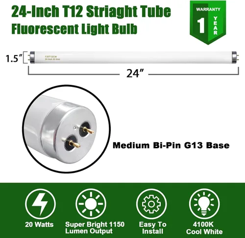 Miniatura 3 de F20T12/CW - Bombilla de 20 W, color blanco frío, tubo fluorescente T12 de 24 pulgadas, 20 W, compatible con Philips Sylvania GE G13 Cap 4