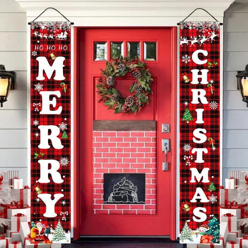 Miniatura 5 de Decoraciones de Navidad, juego de letreros a cuadros de búfalo rojo y negro para festival, cartel de puerta de Feliz Navidad, patio al aire libre