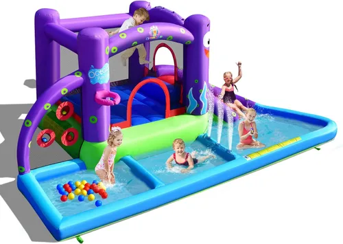 Miniatura 11 de HONEY JOY Tobogán acuático inflable, parque acuático gigante 7 en 1, casa hinchable para patio trasero al aire libre, pared de escalada, toboganes