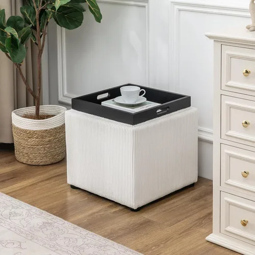 Miniatura 2 de Adeco Otomana de almacenamiento cuadrado de 17" con tapa de bandeja reversible, reposapiés de pana para sala de estar, pequeña mesa de café y mesa