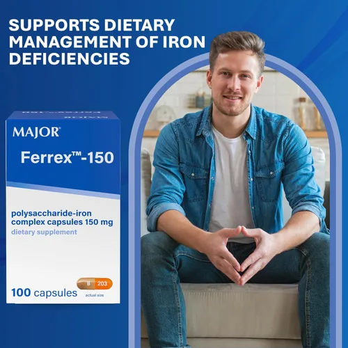Miniatura 5 de MAJOR Ferrex-150 cápsulas complejas de polisacárido y hierro de 150 mg suplemento de hierro para mujeres y hombres - Suave con el estómago - 100