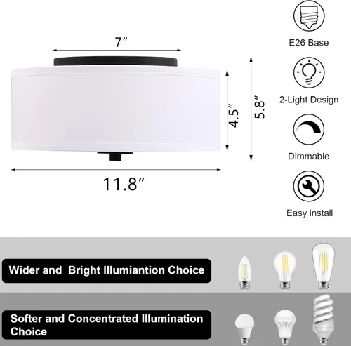 Miniatura 2 de Lámpara de techo empotrada de 2 luces, moderna de 12 pulgadas con pantalla de tambor de lino de tela blanca, lámpara de techo redonda