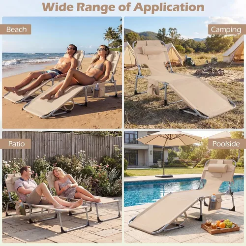 Miniatura 5 de Tangkula Silla de Bronceado con Orificio para la Cara, Silla Reclinable Plegable y Ajustable para Patio, Playa, Tomar el Sol con Bolsillo Lateral