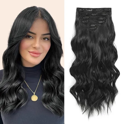 Miniatura 35 de Fliace Extensiones de cabello con clip para mujer, extensiones de cabello ondulado largo de color marrón medio, extensiones de cabello sintético