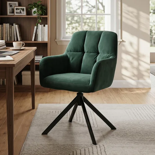 Miniatura 10 de EALSON Cómoda silla de escritorio de cuero, moderna silla de trabajo para computadora, sin ruedas, silla giratoria con brazo de respaldo medio