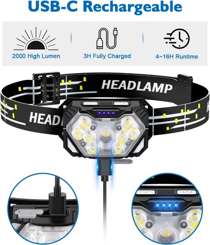 Miniatura 5 de Linterna frontal ultra brillante de 9 LED de 2000 lúmenes, linterna recargable USB C, 10 modos, lámpara de cabeza con sensor de movimiento
