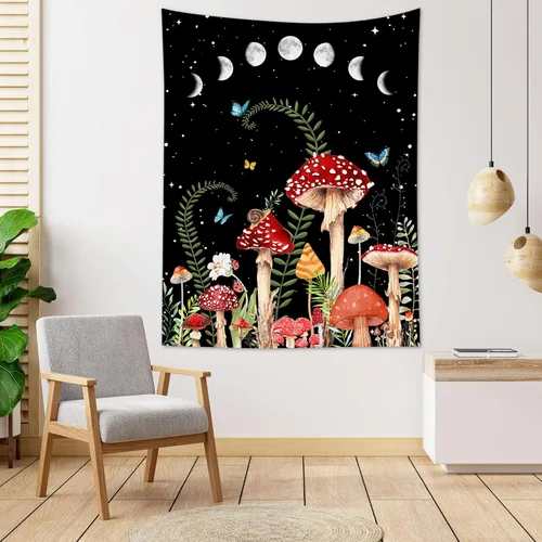 Miniatura 3 de HVEST Tapiz de hongos para colgar en la pared, tapiz bohemio de plantas y mariposas, noche con fase lunar y estrella, decoración de pared