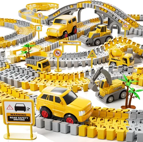 iHaHa - Juguetes de pistas de carreras de construcción para niños pequeños de 3, 4, 5, 6 años, 2 piezas de autos de carreras eléctricos y 4 piezas