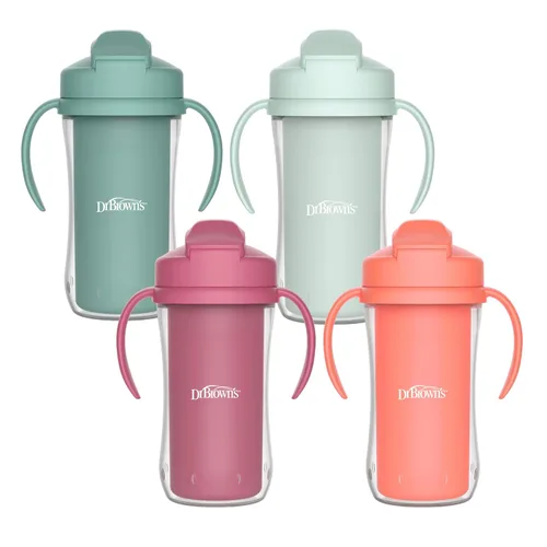 Miniatura 7 de Dr. Brown's Milestones - Vaso aislado con popote y asas, vaso a prueba de derrames con tapa, rosa/coral, 10 onzas, sin BPA, 39.4 ft+, paquete de 2