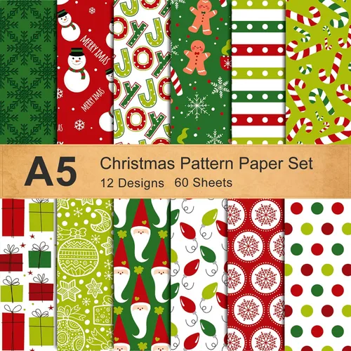 Whaline Juego de 60 hojas de papel con patrón de Navidad, 12 diseños de tamaño A5, muñeco de nieve, Papá Noel, hombre de jengibre, papel brillante