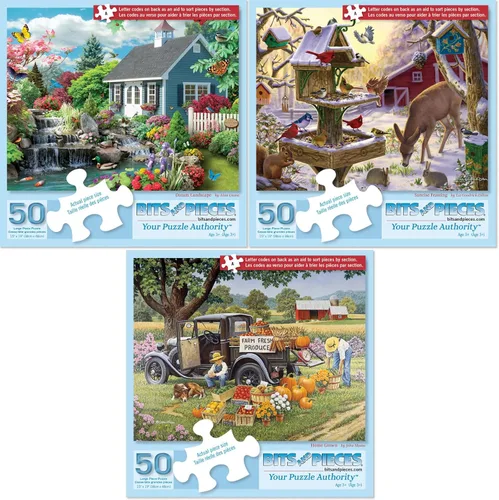 Miniatura 2 de Bits and Pieces – Juego de valor de tres rompecabezas de 50 piezas para adultos – Paisaje de ensueño, Cultivado en Casa, Banquete del amanecer