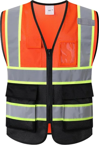 Miniatura 8 de Chaleco de seguridad de malla reflectante para hombres y mujeres con 5 bolsillos y cremallera frontal, chaleco de malla de alta visibilidad Hi Vis