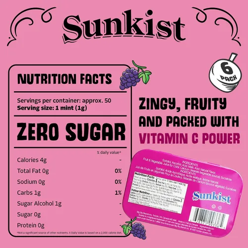 Miniatura 2 de Sunkist Sours Grapeade, vitamina C, caramelo agrio sin azúcar, lata de 1.76 onzas, bandeja de 6