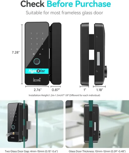 Miniatura 9 de Cerradura de cristal inteligente sin taladro 2026 para puertas sin marco, cerraduras de puerta de entrada sin llave de inversión automática con 5