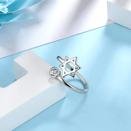 Miniatura 3 de Jewmon Anillo de plata de ley con estrella de David para mujer – Anillo ajustable Magen David – Amuleto Wicca – Regalos judíos