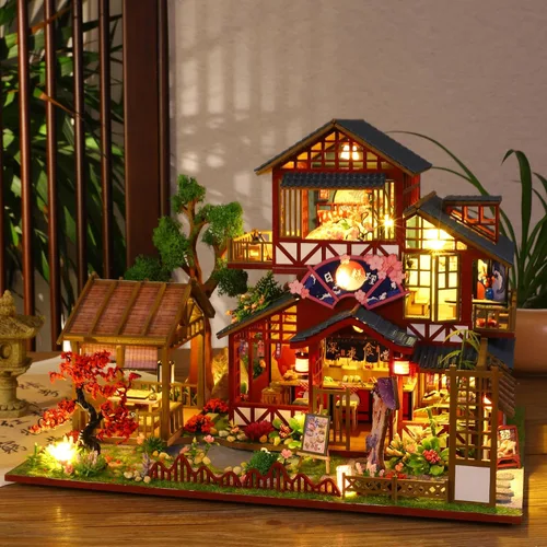 Miniatura 9 de Kit de casa en miniatura, pequeño restaurante japonés Sakura de madera 3D, kit de construcción de mini casa de muñecas con cubierta a prueba