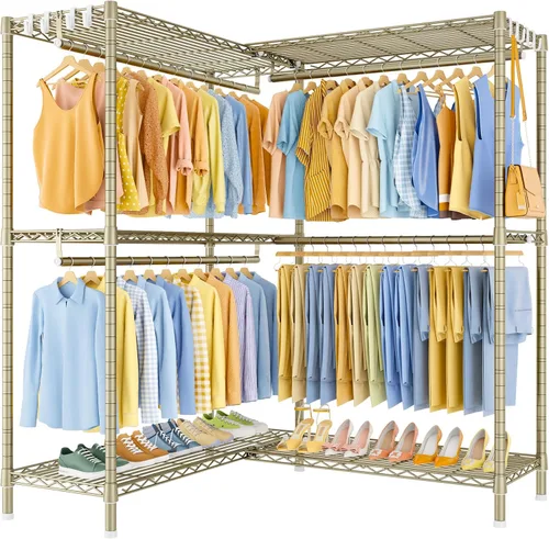 Miniatura 19 de ULIFHOME E15 - Perchero en forma de L para esquina, perchero independiente para colgar ropa, organizador de armario resistente con 4 varillas