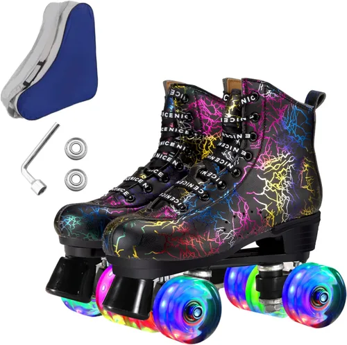 Patines de ruedas para hombres y mujeres, patines Derby negros con 4 ruedas brillantes, patines clásicos de doble fila para interiores y exteriores
