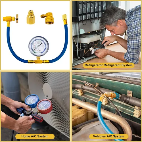 Miniatura 7 de Kit de recarga de refrigerante R134a, kit de manguera de recarga de CA con manómetro, manguera de recarga de grifo de freón R134a con acoplador