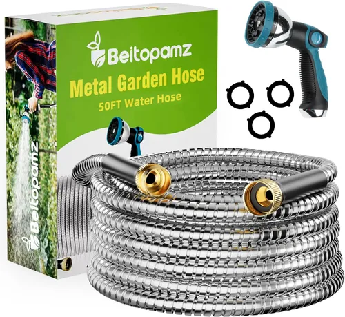 Miniatura 11 de Beitopamz Manguera de jardín de 100 pies, manguera de agua de metal de acero inoxidable con boquilla, flexible y duradera, a prueba de óxido, sin