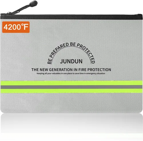 JUNDUN Bolsa de dinero ignífuga, 10.6 x 6.7 pulgadas, impermeable e ignífuga con cierre de cremallera, bolsa de almacenamiento segura ignífuga para