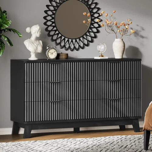 Miniatura 14 de Xixini Cómoda acanalada con 6 cajones, cómoda moderna de 54 pulgadas de ancho con mango de metal, soporte de TV de madera, organizador