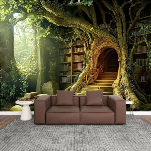 Miniatura 11 de Murales modernos para papel pintado 3D petrificado árbol arroyo ambiente antiguo oculto estantería abierta libro abierto despegar y pegar