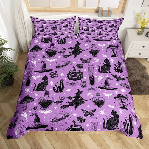 Funda de edredón de Halloween, juego de ropa de cama individual de calabaza y gato para niñas y niños, sombrero de bruja espeluznante morado y