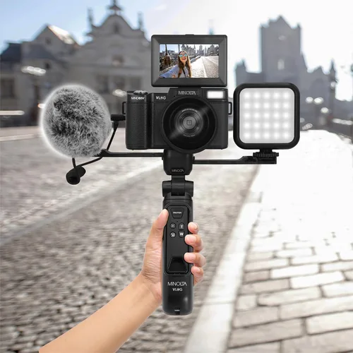 Miniatura 2 de Minolta Kit de cámara VLOG de 64MP 4K60FPS - Videocámara digital de enfoque automático con trípode, control remoto, micrófono, luz LED, pantalla LCD