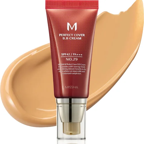 MISSHA M Perfect Cover BB Cream No.29 Caramel Beige para Medio con Tono de Piel Cálido SPF 42 PA +++ 1.69 Fl Oz - Hidratante teñido para rostro con
