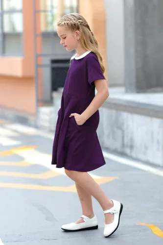 Miniatura 4 de GORLYA Vestido de fiesta casual de manga corta para niña con cuello Peter Pan ajustado y acampanado con bolsillos, 4-12 años