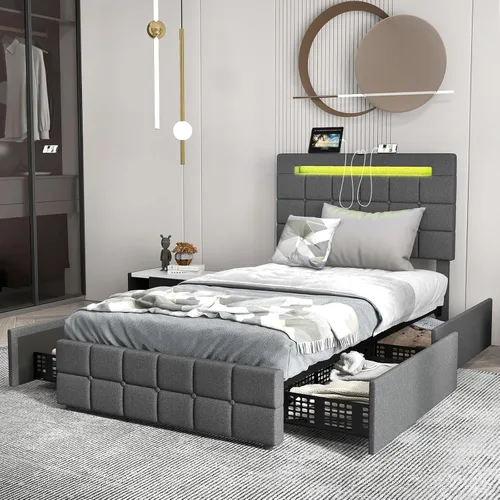 Miniatura 4 de KOMFOTT Base de cama individual con estación de carga y luces LED, base de cama de plataforma tapizada con cabecera ajustable y 4 cajones