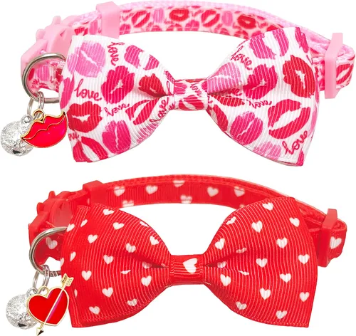 Miniatura 10 de Juego de collar de gato con pajarita de San Valentín con campana, collar de gato con corazón rosa para niños y niñas, gatitos