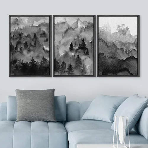 Miniatura 3 de NWT Lienzo enmarcado para pared, juego de arte en acuarela pastel, bosque de montaña oscura, naturaleza silvestre, ilustraciones de arte moderno