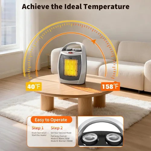 Miniatura 2 de Garvee Calentador eléctrico portátil – Termostato de 1500 W/750 W, calentador y ventilador de escritorio de cerámica de calentamiento rápido 2 en 1