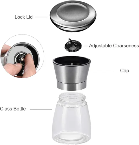 Miniatura 4 de Molinillo de Pimienta Manual Premium con Tapa de Acero Inoxidable, Cuchillas de Cerámica y Molinillo de Grosor Ajustable para Pimienta Recién
