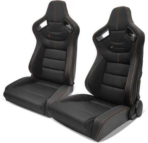 Miniatura 13 de IKON MOTORSPORTS, Par de asientos universales de carreras con deslizadores dobles, color negro con puntada naranja PU y cuero de carbono