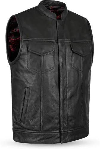 Miniatura 9 de Leatherick Mens Black Motorcycle Vests - Top Grain Cow Leather SOA Club & Traditional Paisley Satin Liner Leather Biker Vests Negro (sin cuello)
